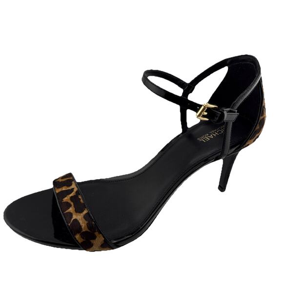 Michael Kors Womens Simone Open Toe Black Patent Animal Print Size 10M NWB - Picture 1 of 16